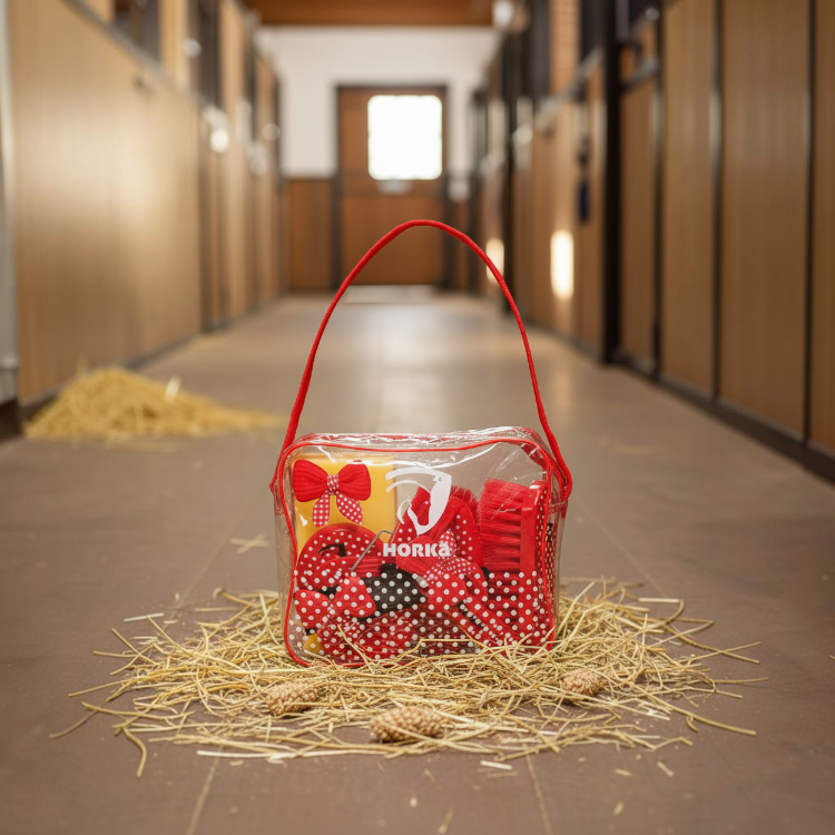 Equiconnect® grooming bag with red and white polka dot bows, containing a 6-piece horse grooming brush set.