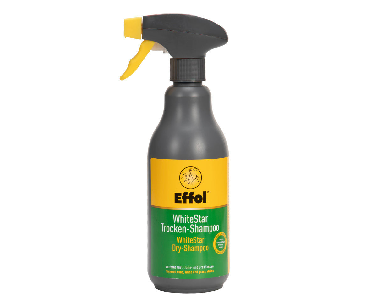 Equiconnect® Effol WhiteStar dry shampoo spray bottle for horses with light or white coats in a 500ml container.